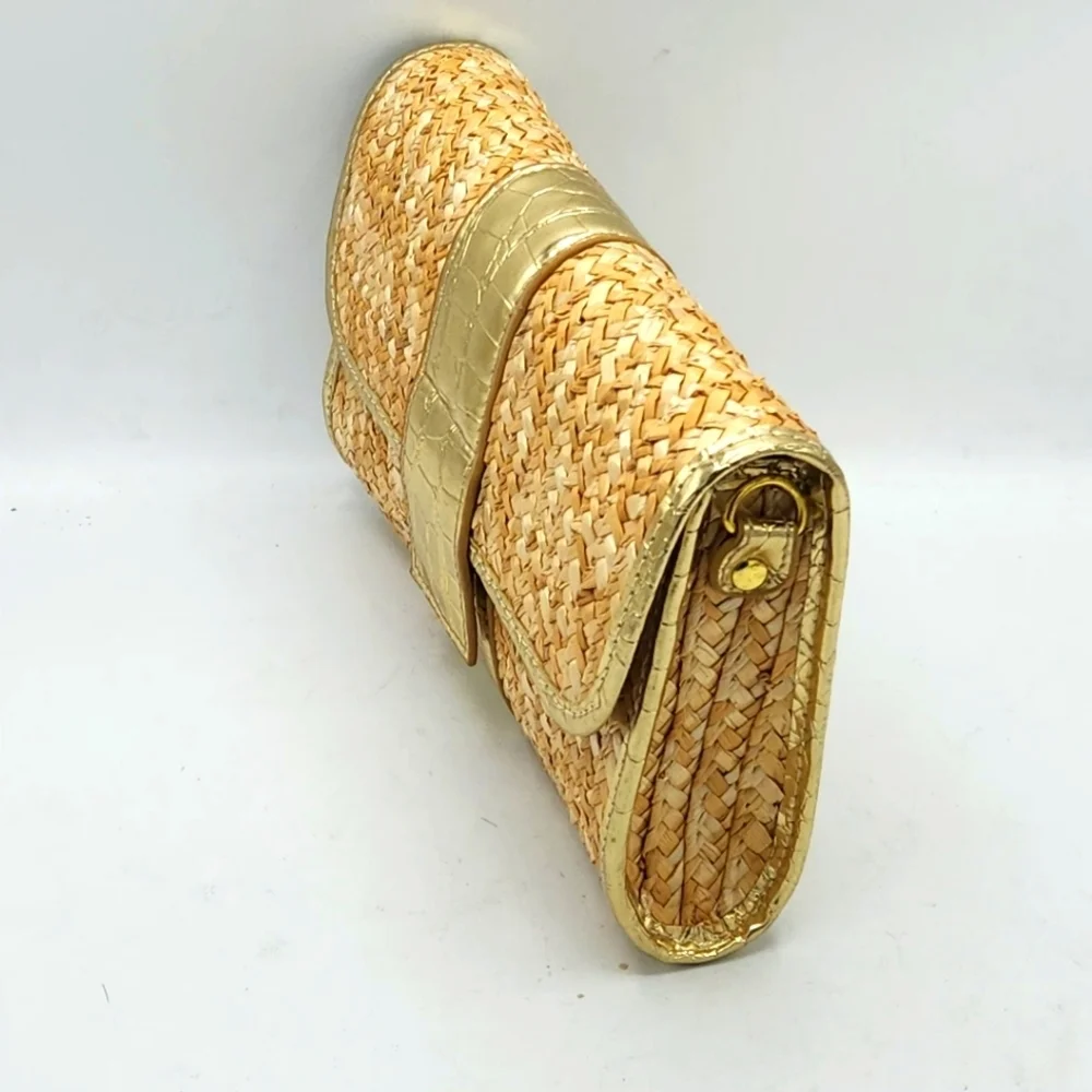 Big Buddha Straw Faux Leather Gold Crocs Trim Accents Fold Over Clutch